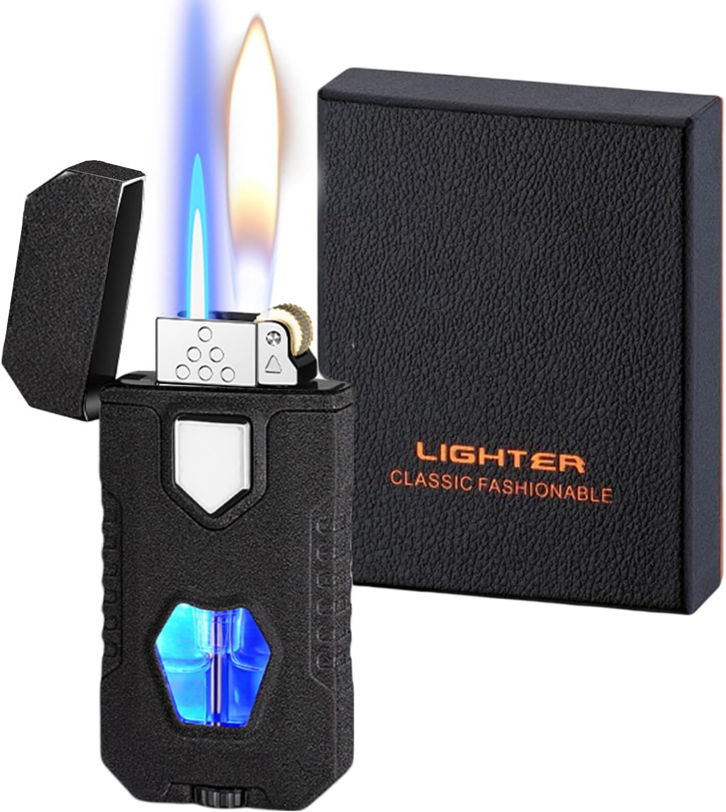 Torch Matte Black Lighter - Dual Flame, Refillable Butane with Visible Tank, Windproof Adjustable Soft and Jet Flame for Men and Lady
