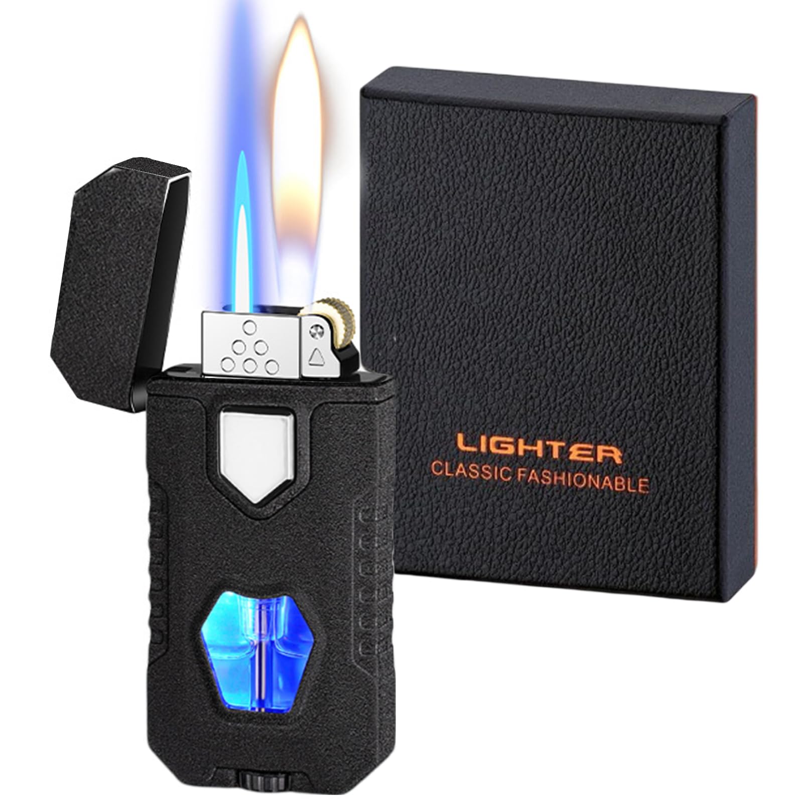 Torch Matte Black Lighter - Dual Flame, Refillable Butane with Visible Tank, Windproof Adjustable Soft and Jet Flame for Men and Lady