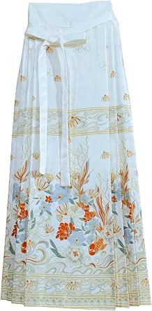 Womens Horse Face Skirt Pleated Tie A-line Long Print Skirt Chinese Traditional Costume Ming Dynasty Hanfu