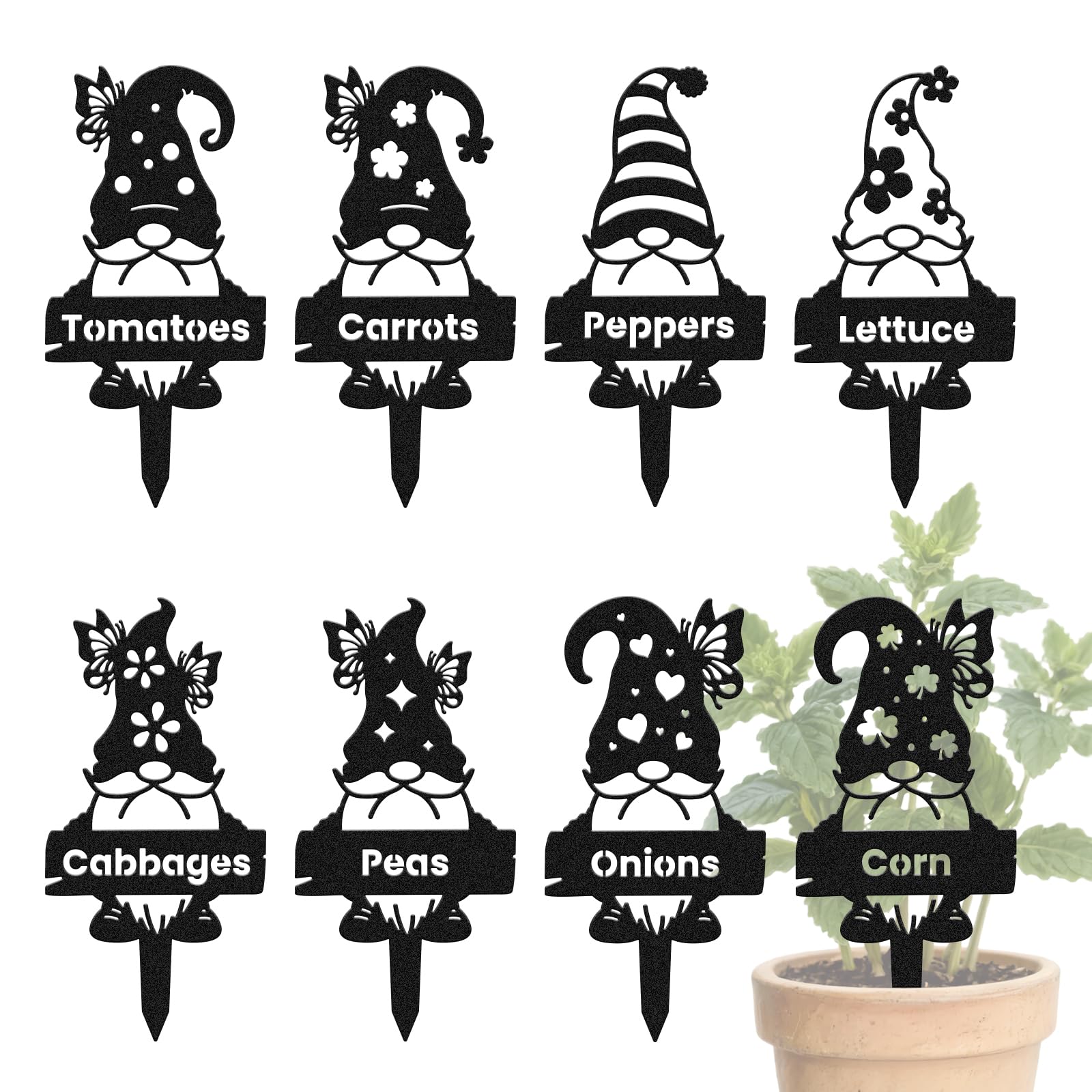 CUTHOLLOW 8PCS Metal Plant Markers Stakes Gnome with Vegetable for Outdoor Indoor, 3.5"x7" Waterproof Cute Garden Plant Labels Signs Tags for Farmhouse Greenhouse Decor - Funny Gardening Gifts