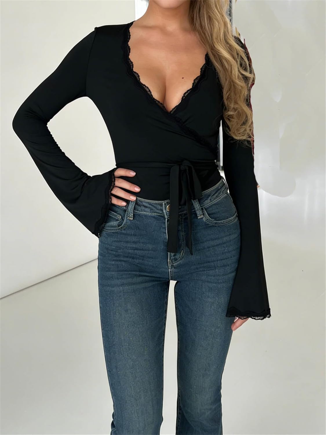 Women Ballet Wrap Top Y2K Cross Tie Knot Long Sleeve Deep V Neck Slim Yoga Crop Shirts Sexy Fairy Coquette Blouses - Image 3