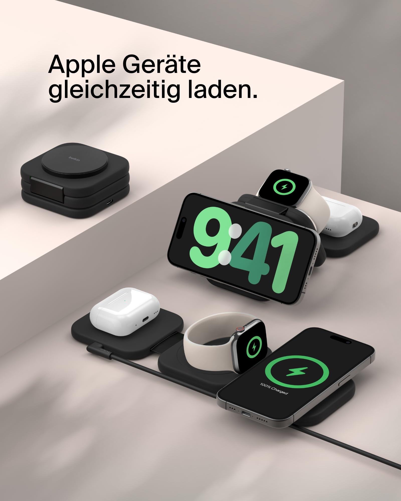 Belkin BoostCharge Pro Qi2-Zertifiziertes Induktives Ladegerät, 3-in-1 Ladestation 15W, Tragbares MagSafe-Kompatibles Ladegerät für iPhone 17, Air, 16, 15, 14, Pixelsnap, Apple Watch 11, AirPods