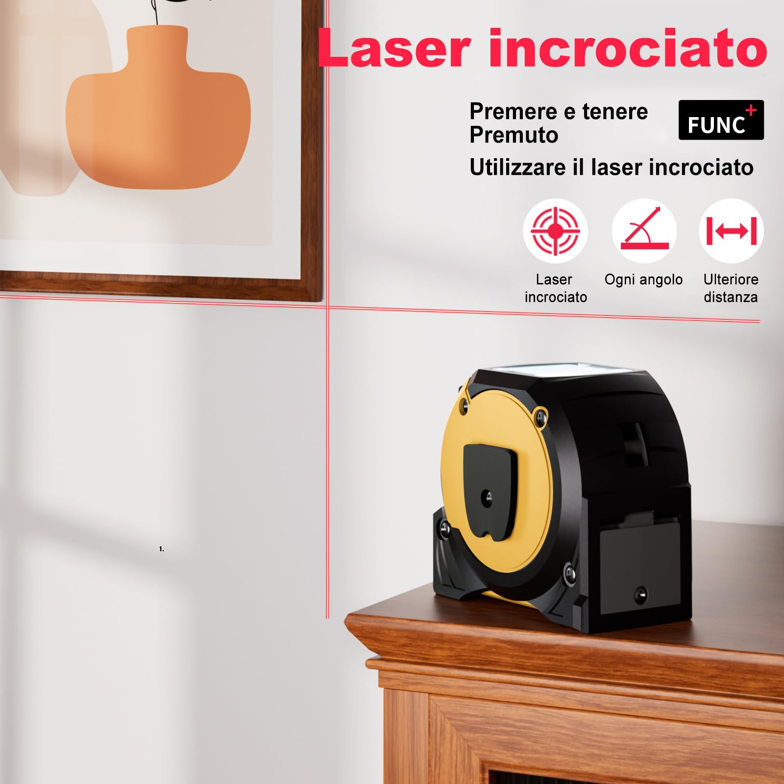 Distanziometro Laser, 3-In-1 40m Misuratore Laser Distanza E 5m Metro A Nastro Digitale Con Laser A Croce, Telemetro Metro Laser Con 3 Unità Di Misura M/In/Ft Per Lunghezza, Area, Volume, Pitagora