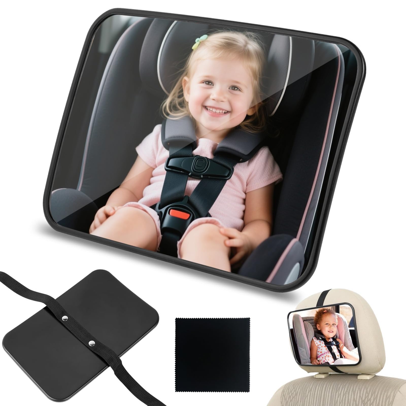 Espejo de coche para bebé para asiento trasero, espejo de asiento de coche orientado hacia atrás, visión de gran angular, correas ajustables inastillables, fácil de instalar, cámara de coches de bebé