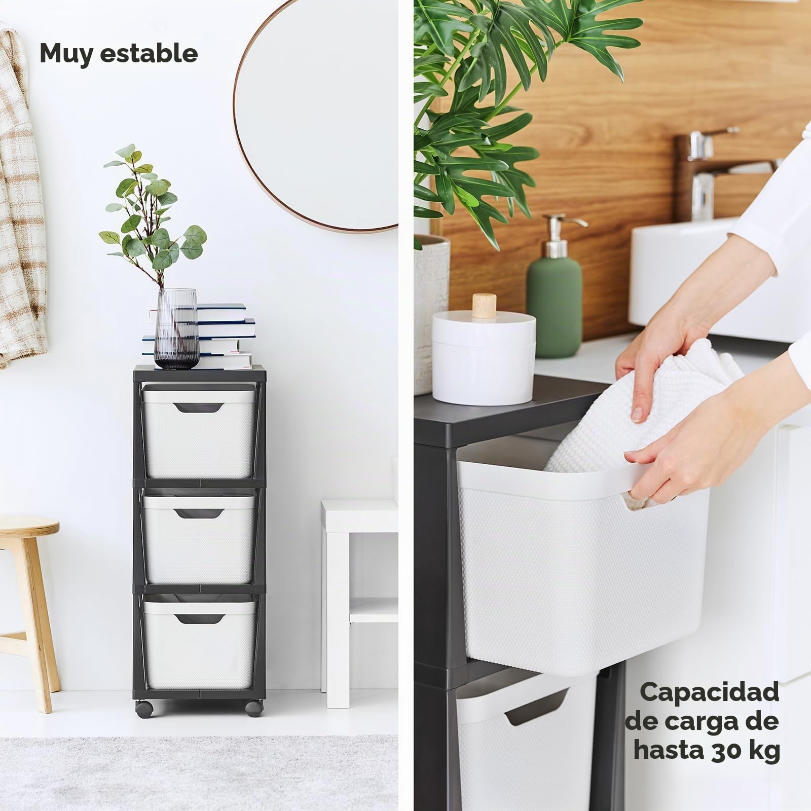 Rotho Jive Cajonera móvil con 3 cajones, 3 x 16l (37.9 x 30.4 x 32.9 cm) | Torre de almacenaje de plástico PP sin BPA con 4 ruedas giratorias para baño y cocina, diseño elegante en antracita y blanco