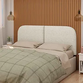 Cabeceira Estofada Orgânica para Cama Casal, 140 cm, Tecido Bouclé Bege, Montagem na Parede