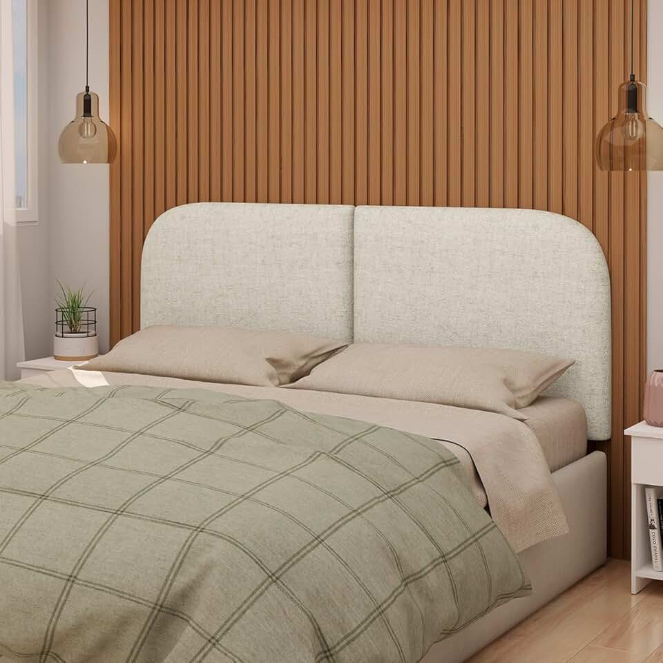 Cabeceira Estofada Orgânica para Cama Casal, 140 cm, Tecido Bouclé Bege, Montagem na Parede