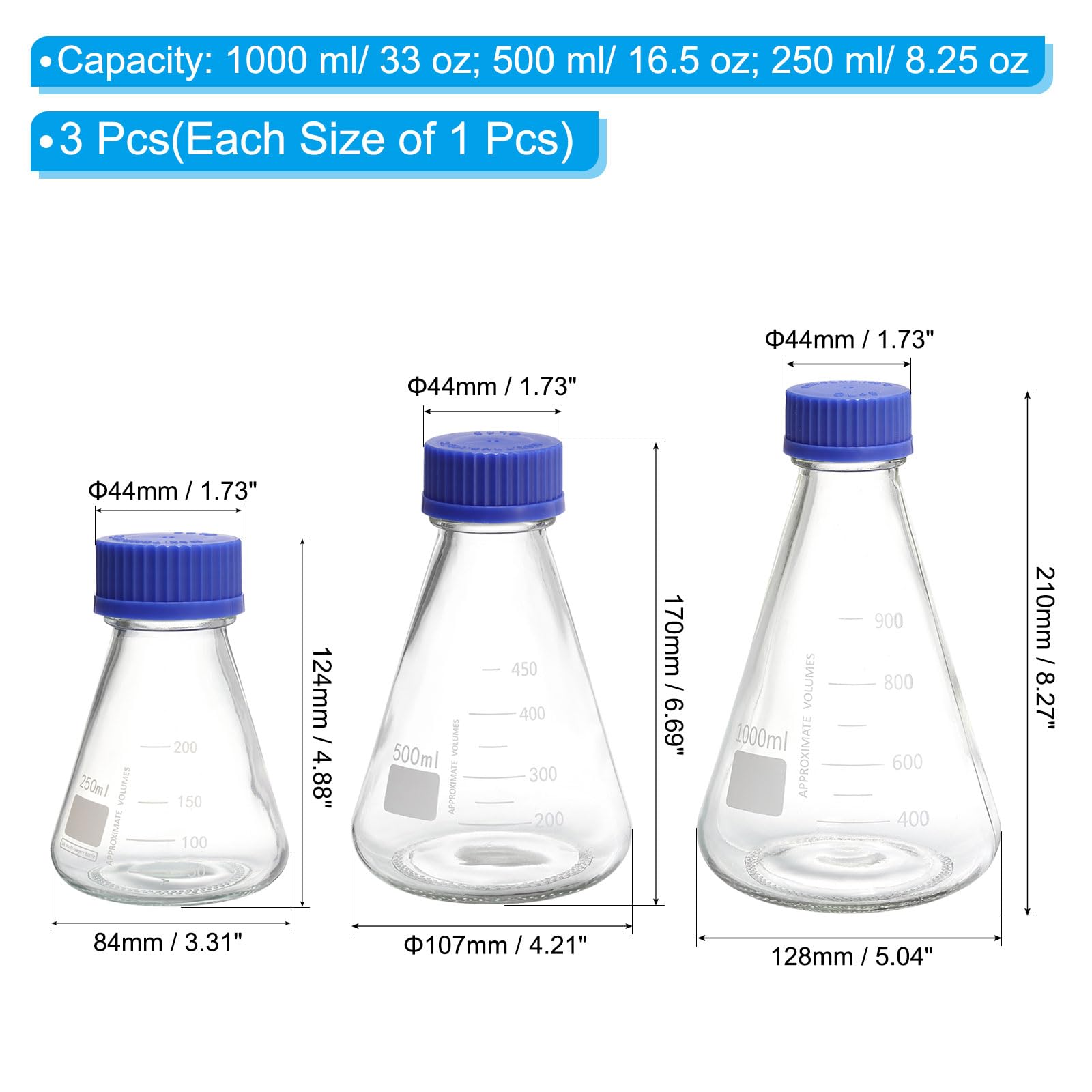 PATIKIL Set di Fiale Erlenmeyer, 3pz 250 Ml 500 Ml 1000 Ml Fiale Bocca Stretta Graduata Tappo Vite Vetro Borosilicato Graduazione Stampata Esperimenti Laboratorio, Chimica Scientifica