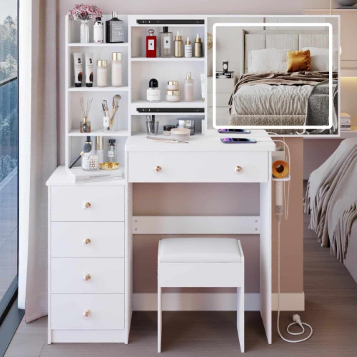 37" Middle White Left Bedside Cabinet Vanity Table + Cushioned Stool Dressing Table Set, 2 AC+2 USB Socket, Hair Dryer Stand, Large Touch Control LED Sliding Mirror, 3-Color Switch