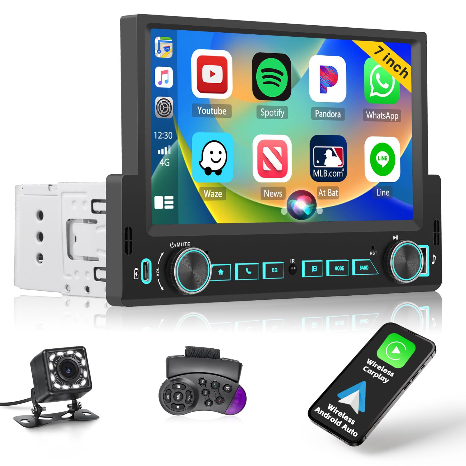 Inefala Radio samochodowe 1 din z wyświetlaczem 7 cali, bezprzewodowe Carplay Android Auto, radio Bluetooth 1 din z Mirror Link, radio FM, USB Type-C, kamera cofania, mikrofon