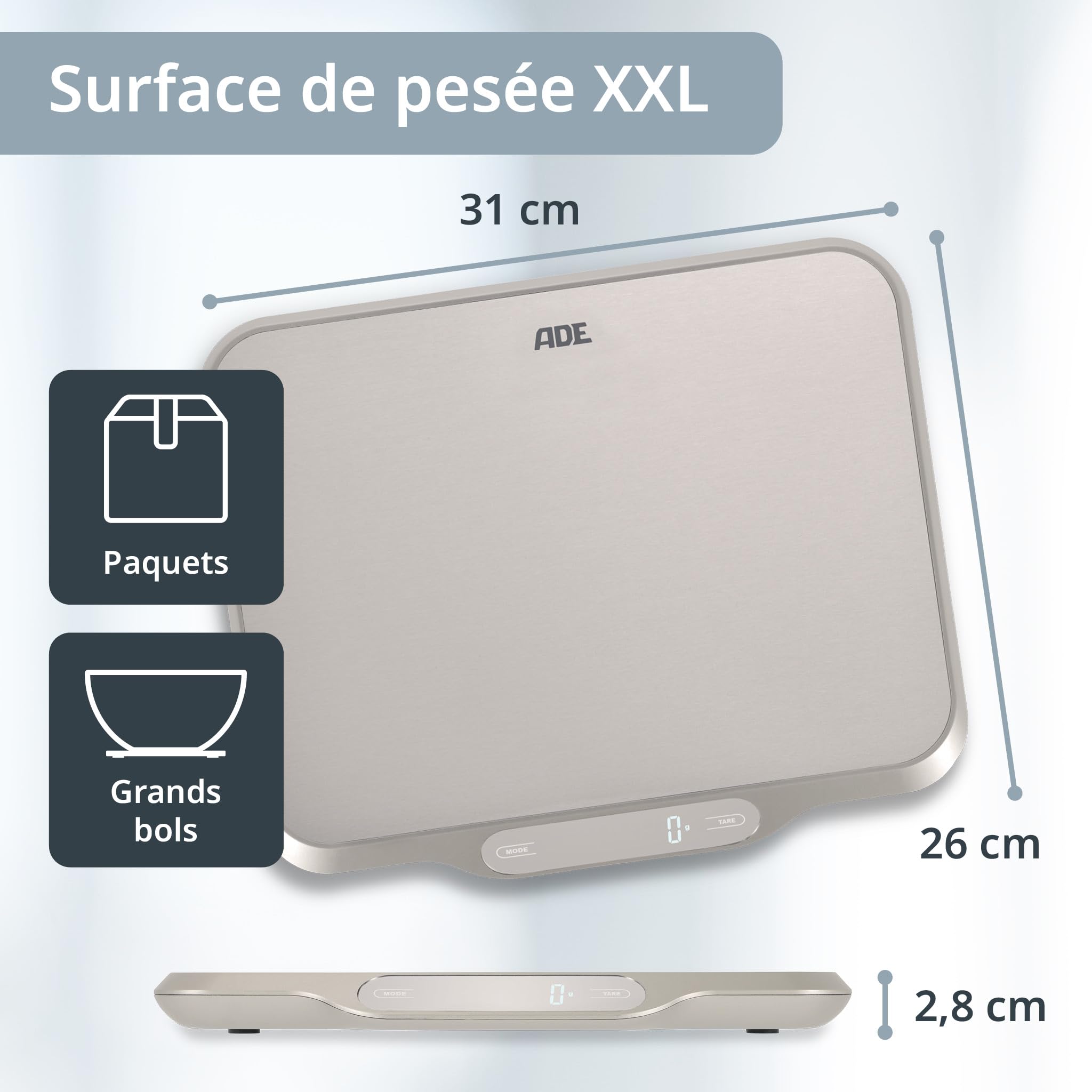 ADE Grande balance de cuisine électronique à grande surface en acier inoxydable pour une pesée précise jusqu'à 15 kg. Fonction tare (tare), maintien automatique. Incl. batterie. Argent | KE1601 Ladina