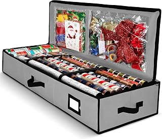 Gift Wrap Organizer, Christmas Wrapping Paper Storage Bag w/Useful Pockets for Xmas Accessories, Fits Upto 24 Rolls, Underbed Storage for Holiday Decorations, Large Capacity Storage Box