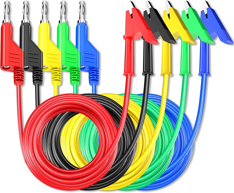 Goupchn 4mm Stackable Banana Plugs to Alligator Clips Test Leads 5PCS | 10ft/3m, Five Colors, Flexible Cable Wire, For Multimeter Electrical Testing