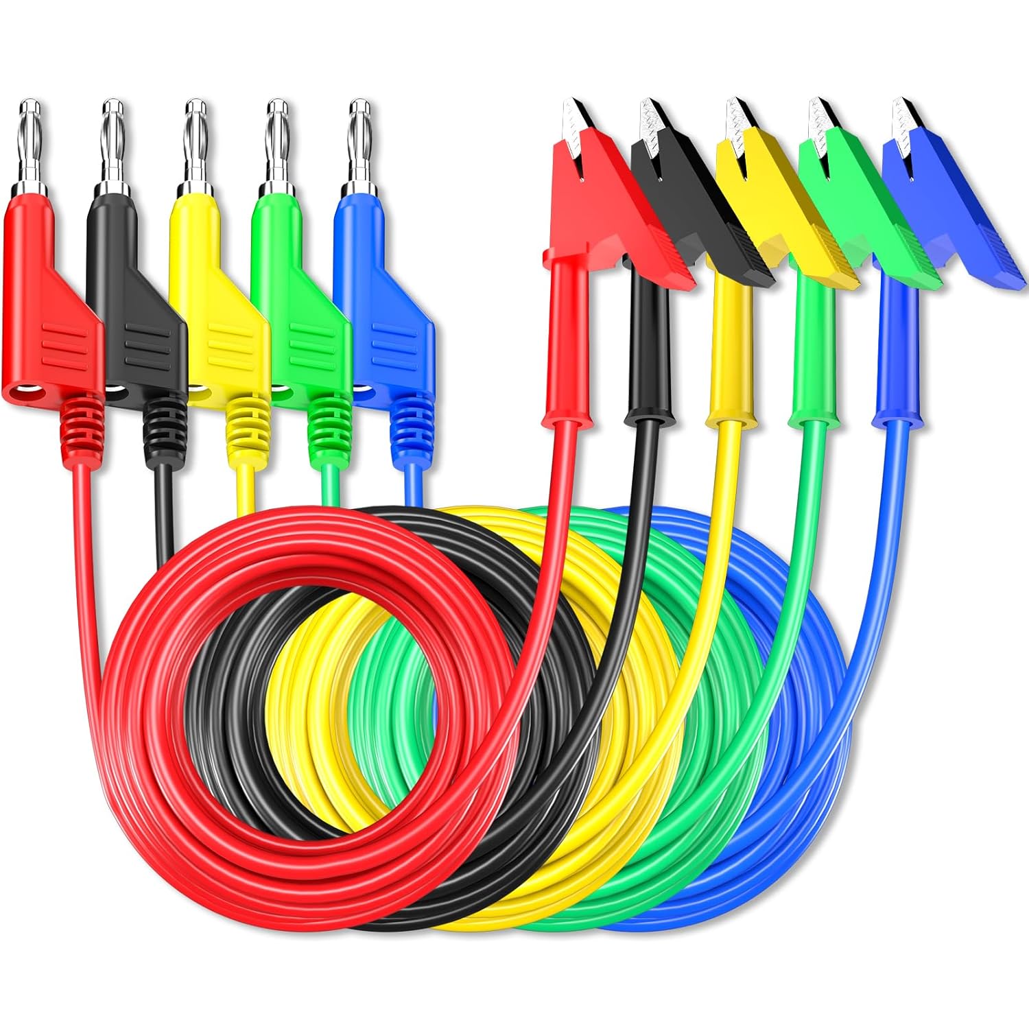 Goupchn 4mm Stackable Banana Plugs to Crocodile Alligator Clips Test Leads Flexible Cable Wire 5PCS Five Colors 10ft/3m for Multimeter Electrical Testing