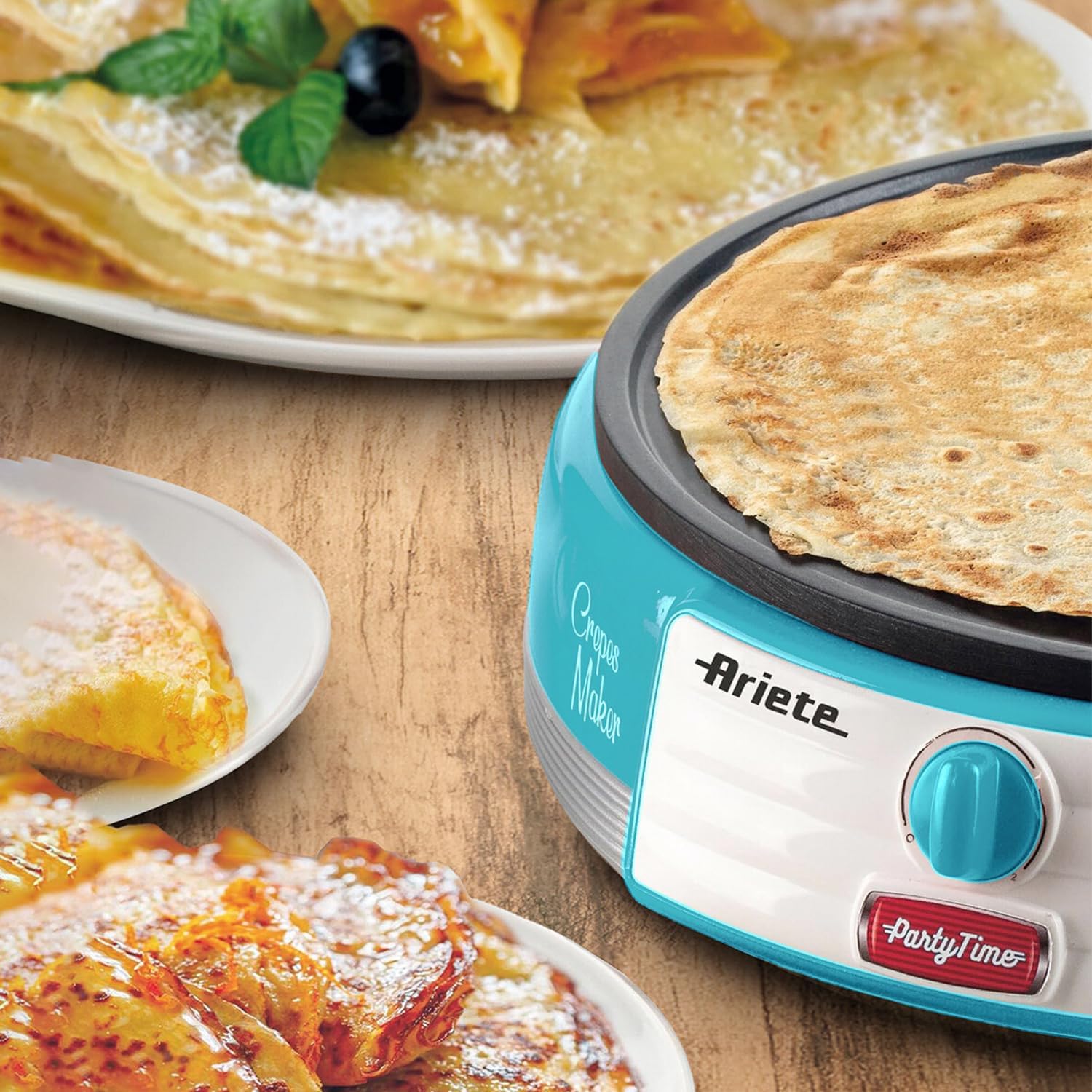 ARIETE 202/01 Crepe Party Time, Non-Stick Plate, Luminous Indicator On Off, 2 Wooden Spatulas Included, Blue