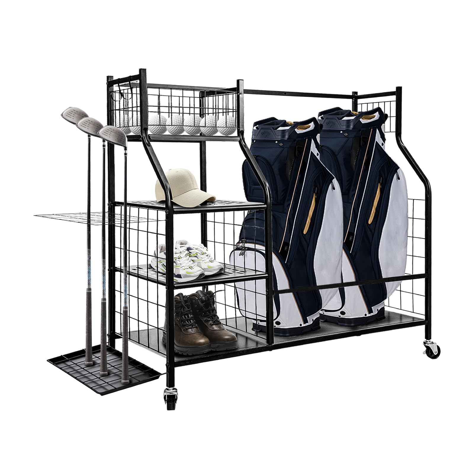 Youyijia Golf Storage Rack with Wheels Extra Large Golf Club Organizer Golf Bag Stand with Shelves for Accessories Heavy Duty Golf Organizer for Garage Shed Basement