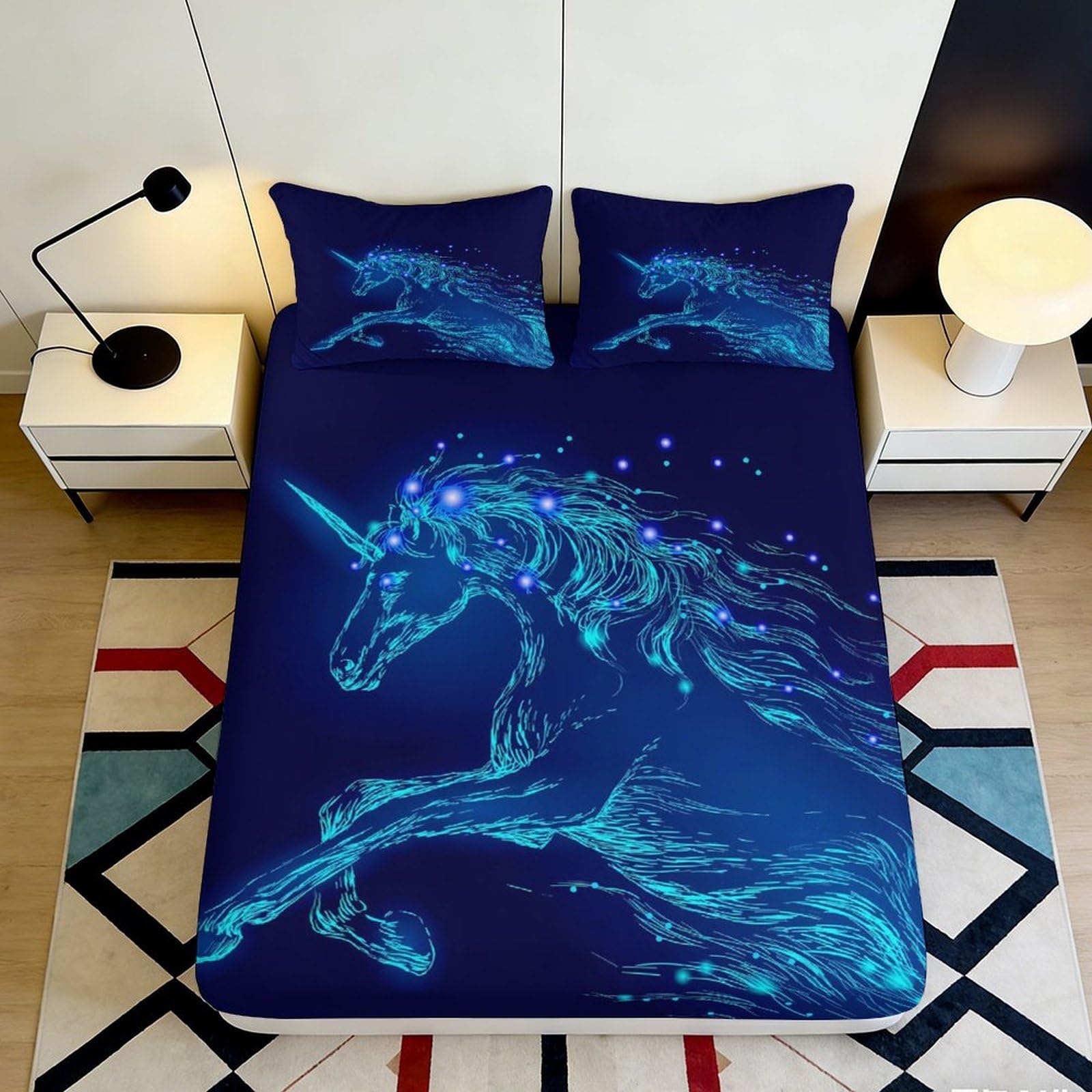3D Printed Neon Unicorn Fitted Sheet Microfiber Soft Breathable Blue Galaxy Bed Cover for Bedroom Dormitory Guest Room Mattress Protection 120x200x25cm