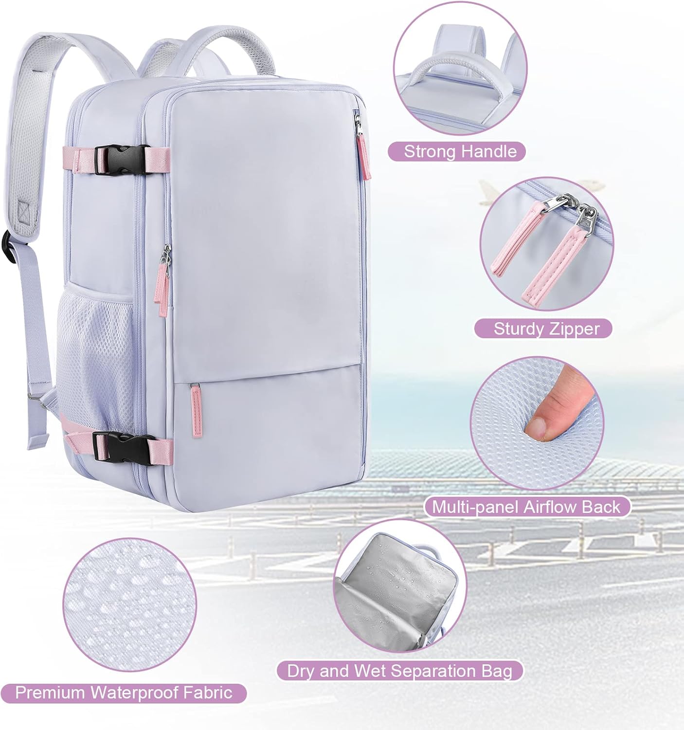 Large Travel Backpacks (Purple+Green), 40L Carry On Backpack, 17 Inch Laptop Backpack, Waterproof Backpack, College Bookbag, Laptop Backpack, Backpack for Women, as Person Item Flight Approved