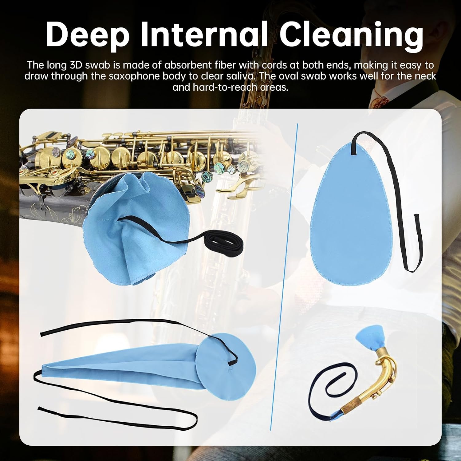 5PCS Saxophone Cleaning Kit with Inner Chamber Cloth, Sound Hole Cloth & Mouthpiece Brush – Blue Cotton Swab Tools for Alto, Tenor, Soprano Sax Maintenance
