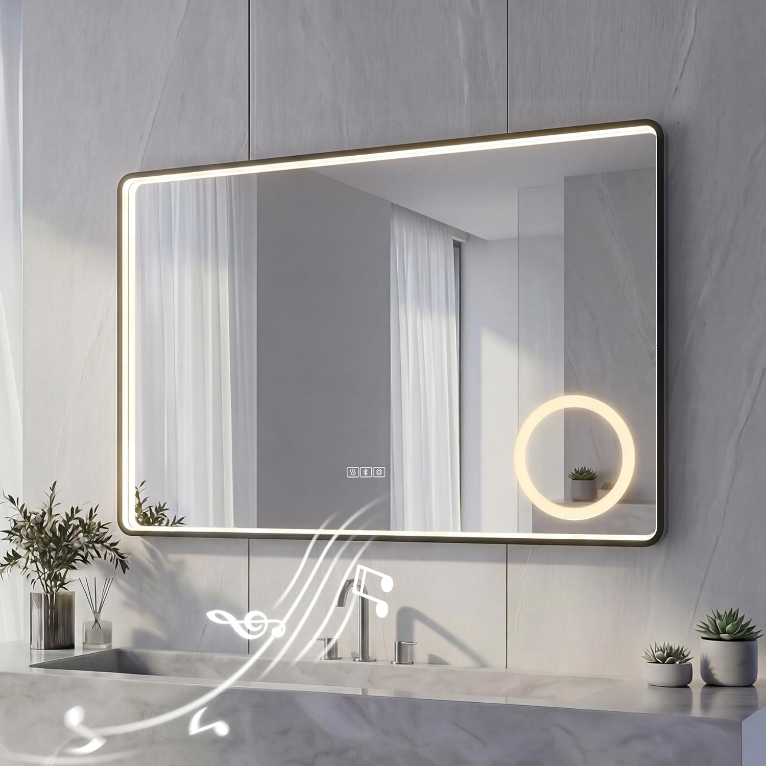 LED Badspiegel mit Aluminiumrahmen &amp; Bluetooth, 5mm Kupferfreier HD Silber-Spiegel, 3 Lichtfarben Dimmbar, Wandspiegel mit Touch-Schalter &amp; Anti-Beschlag, Modernes Design &amp; Memory-Funktion