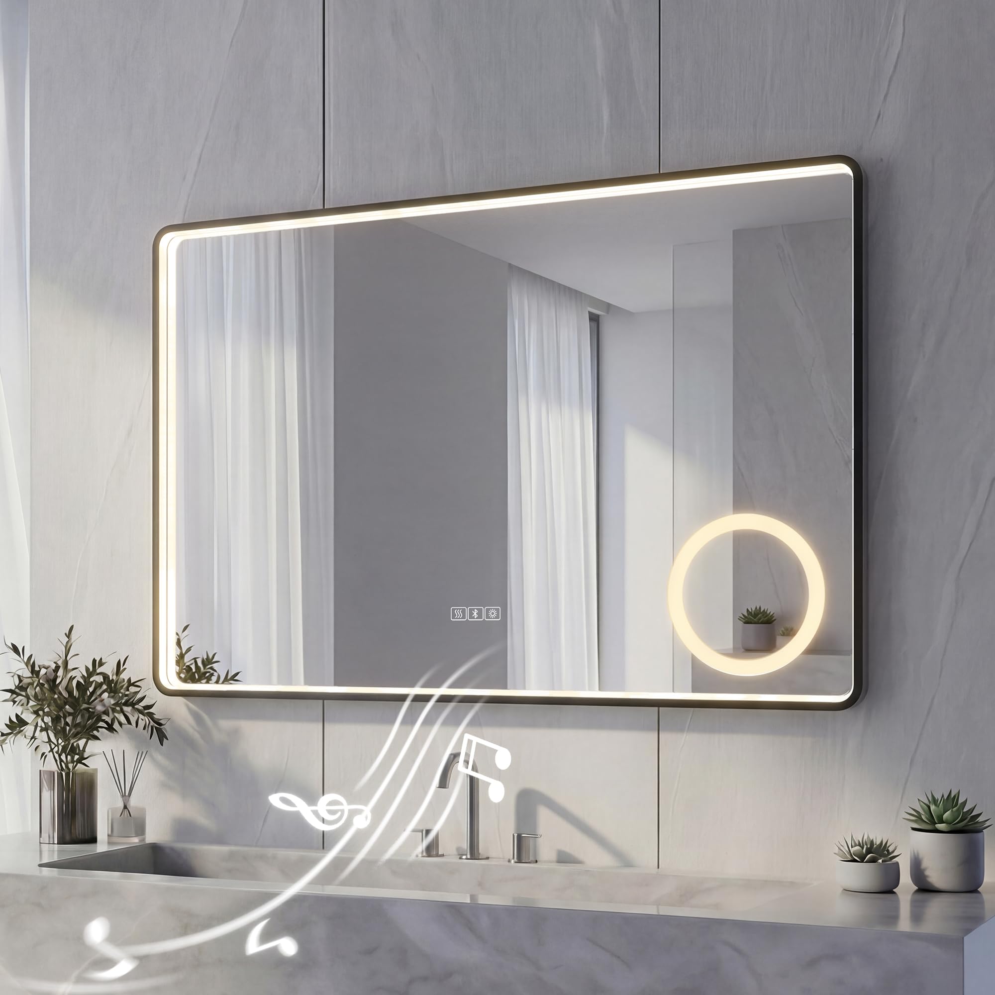 Specchio Bagno LED con Bluetooth e Cornice in Alluminio | Specchio Argento HD da 5mm, Specchio da Parete con Interruttore Touch, 3 Colori di Luce Dimmerabile, Anti-Appannamento