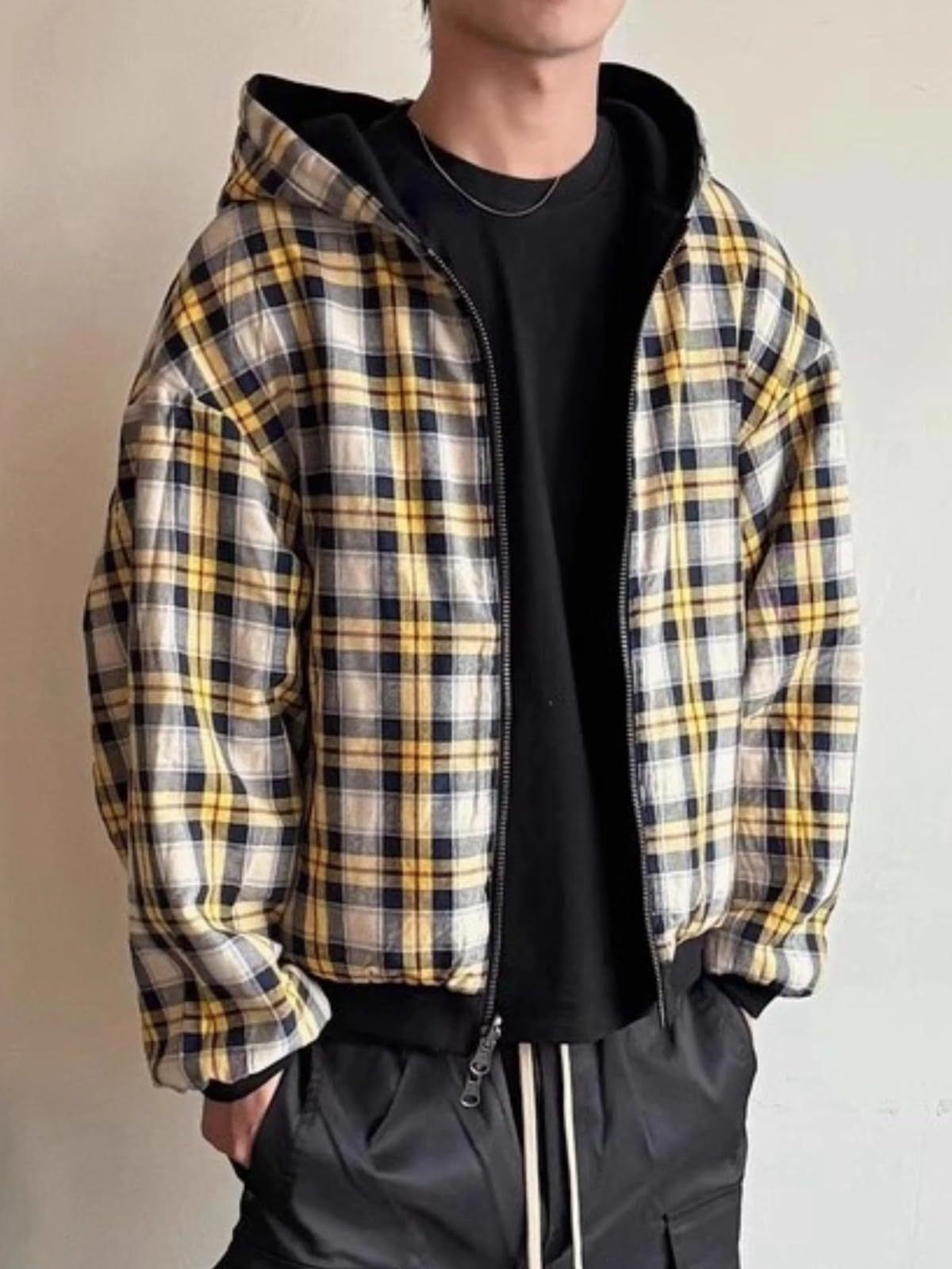 Herren Hoodie mit Reißverschluss Reversible Karierte Jacke Y2K Kapuzenpulli Kapuzenjacke