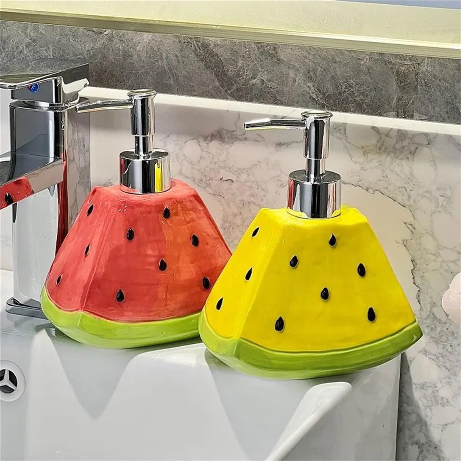 Dispensador Jabon Ceramica Botella de loción con Prensa cerámica en Forma sandía, Botella dispensadora Gel Ducha y champú portátil for Hotel baño, Accesorios
