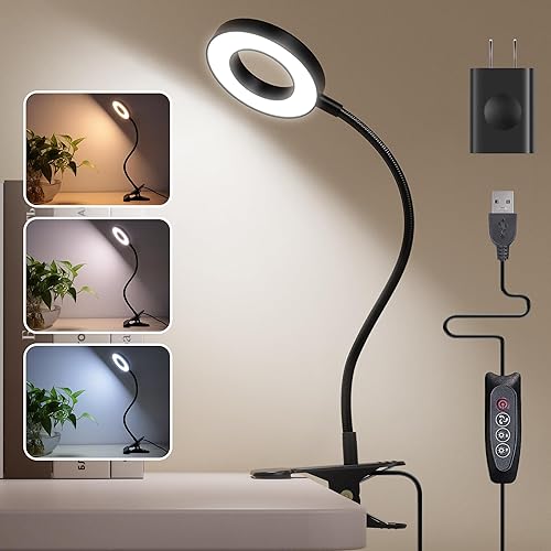Foneso Lámpara de escritorio con clip con adaptador, lámpara de lectura de 48 LED con puerto de carga USB, 3 modos de color, 10 niveles de brillo,