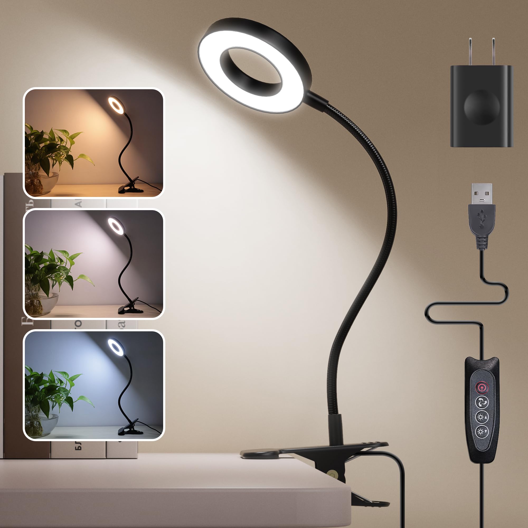 Foneso Desk Lamp Clip on Light with Adapter, 48 LED Reading Lamp with USB Charging Port, 3 Color Mode 10 Brightness Levels, Flexible Gooseneck, Memory Function Clamp Lamp for Home, Office, Makeup