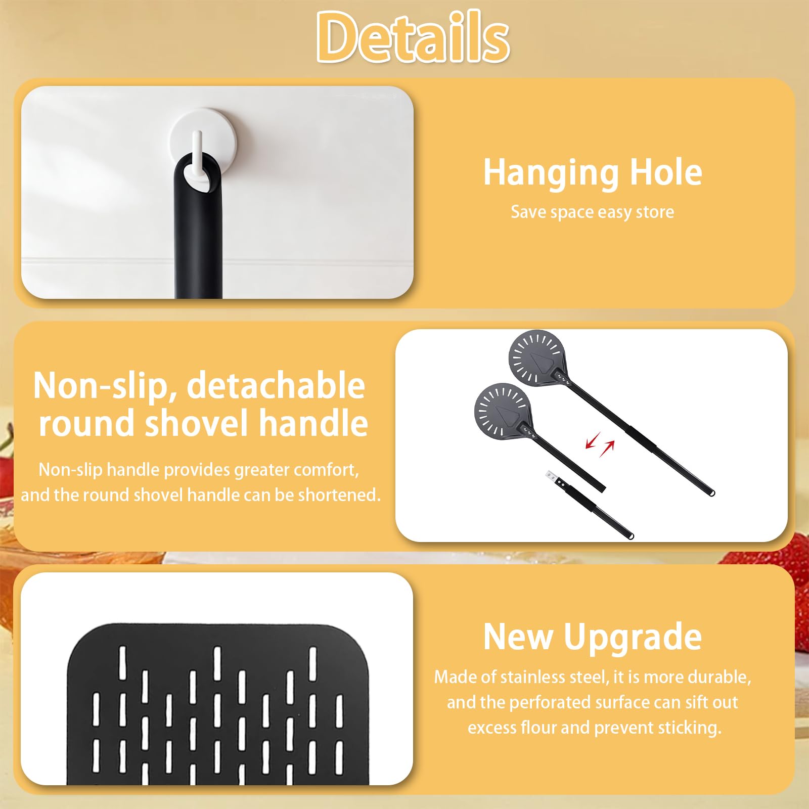 Set Pelle e Spatola per Pizza, 12 Pollici Rotonda (Manico 80 cm) + 8 Pollici Quadrata (Manico 40 cm), con Foro per Stoccaggio e Manico Antiscivolo, Ideale per Pizza e Pane