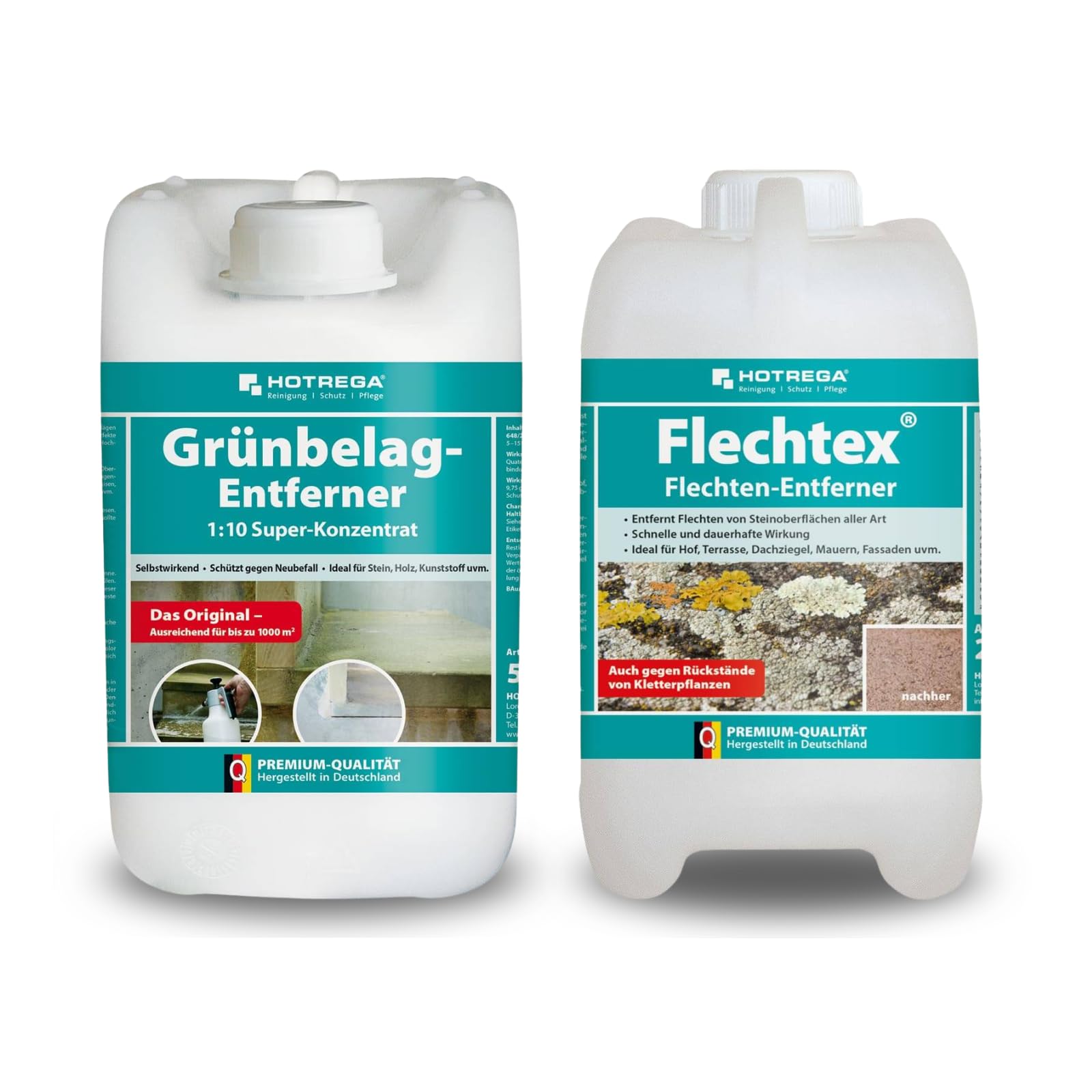 HOTREGA Flechtex 2L & Grünbelagentferner 1:10 5L | Kraftvoll gegen Flechten, Algen, Grünbelag im Außenbereich | Für Stein, Holz und Kunststoff