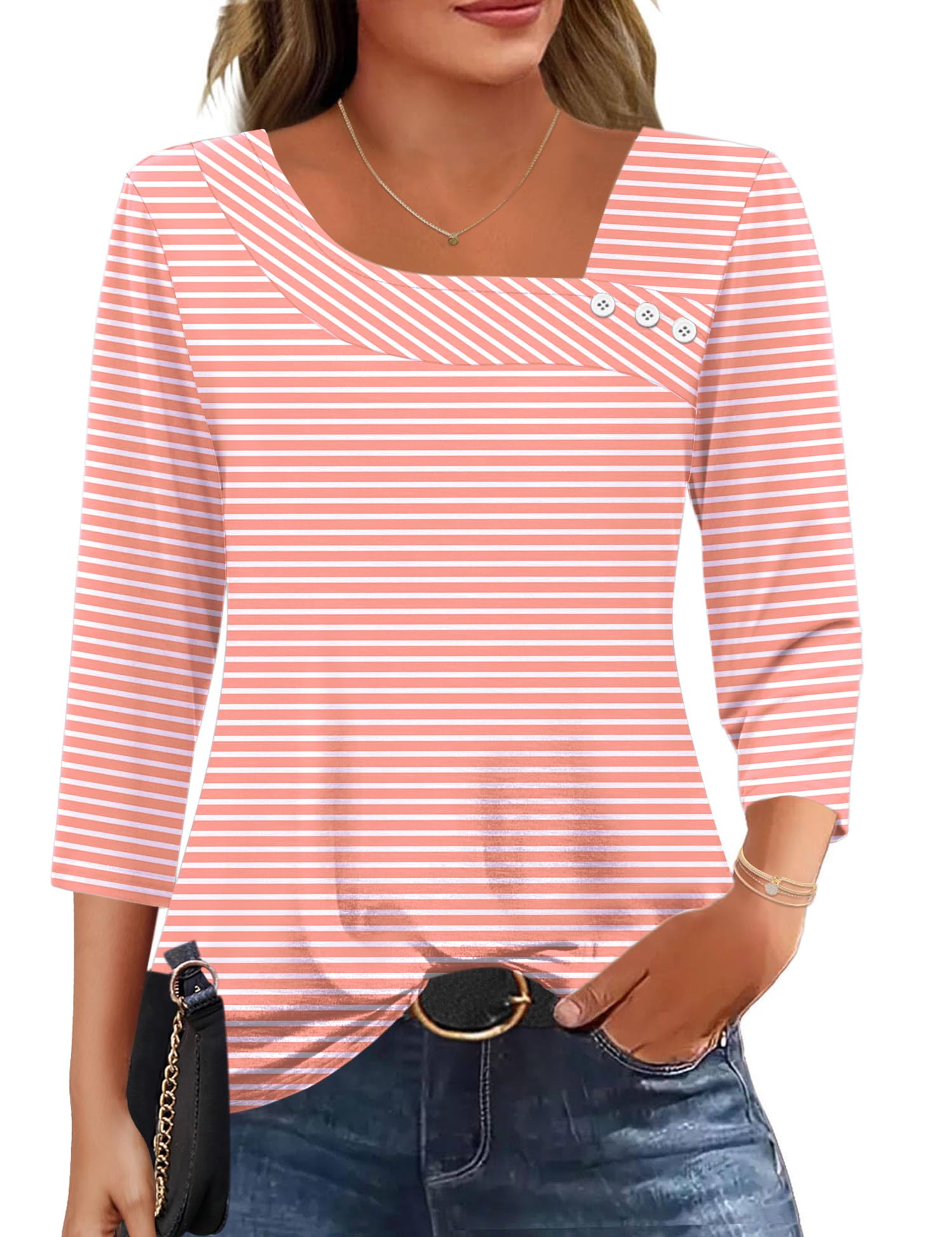 Kistore Bluse Damen 3/4 Arm Asymmetrischer Ausschnitt Tunika Sommer Tops Locker Shirt Elegant Lässig Oberteil S-2XL