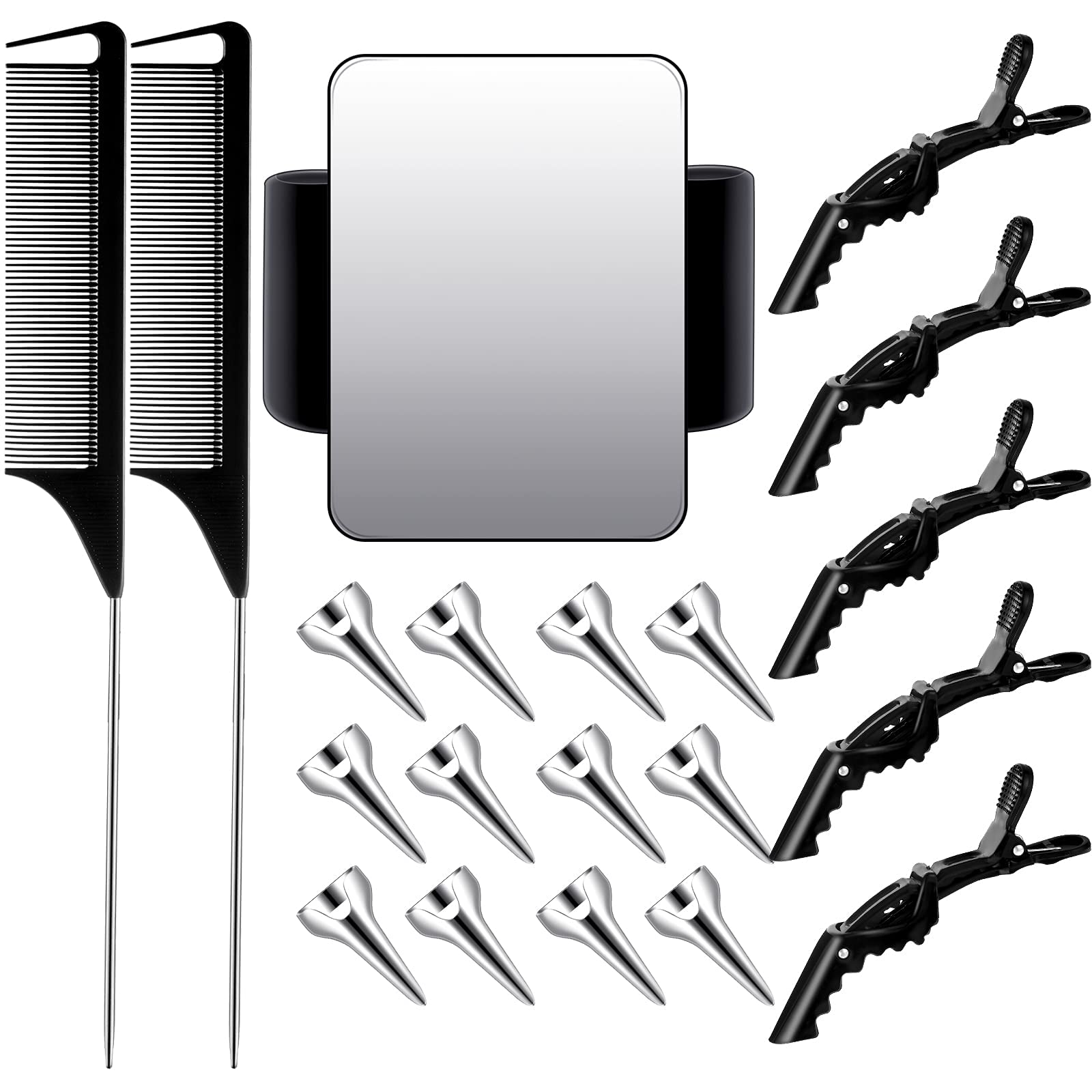 NEITSI 20 Pieces Professional Hair Parting Selecting Tools Set 12 Pieces Silver Hair Parting Rings 5 Pieces Gator Hair Clips 2 Pieces Steel Rat Tail Comb with Magnetic Wrist for Hair Styling Salons