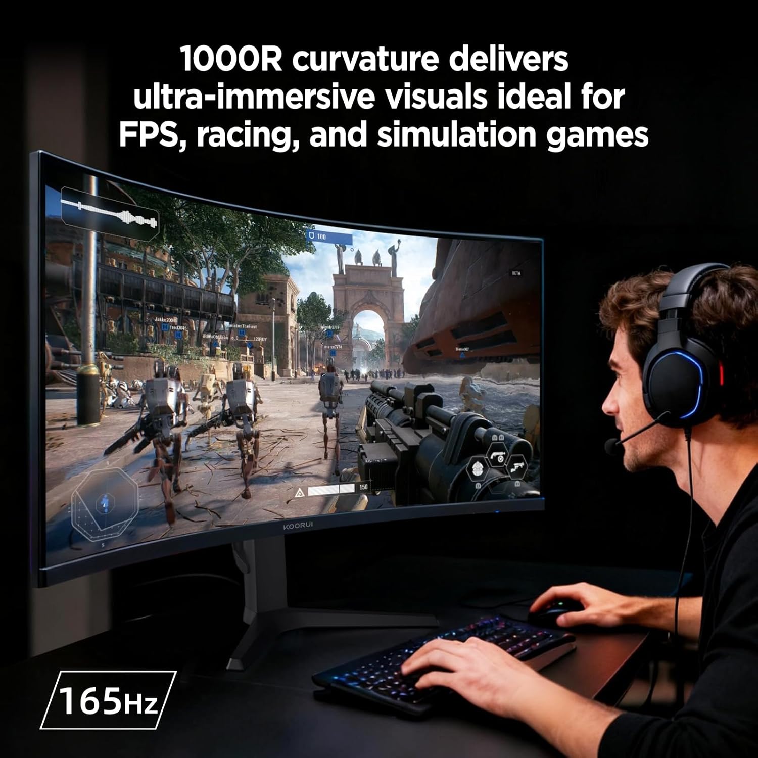 KOORUI 34-inch Ultrawide Curved WQHD 3440×1440 Gaming Monitor, 165Hz 144Hz Curved 1000R- PIP/PBP, 1ms(MPRT) with DisplayHDR 400, DCI-P3 90% Color Gamut, AdaptiveSync, HDMI/DisplayPort, 34E6UC - Image 7