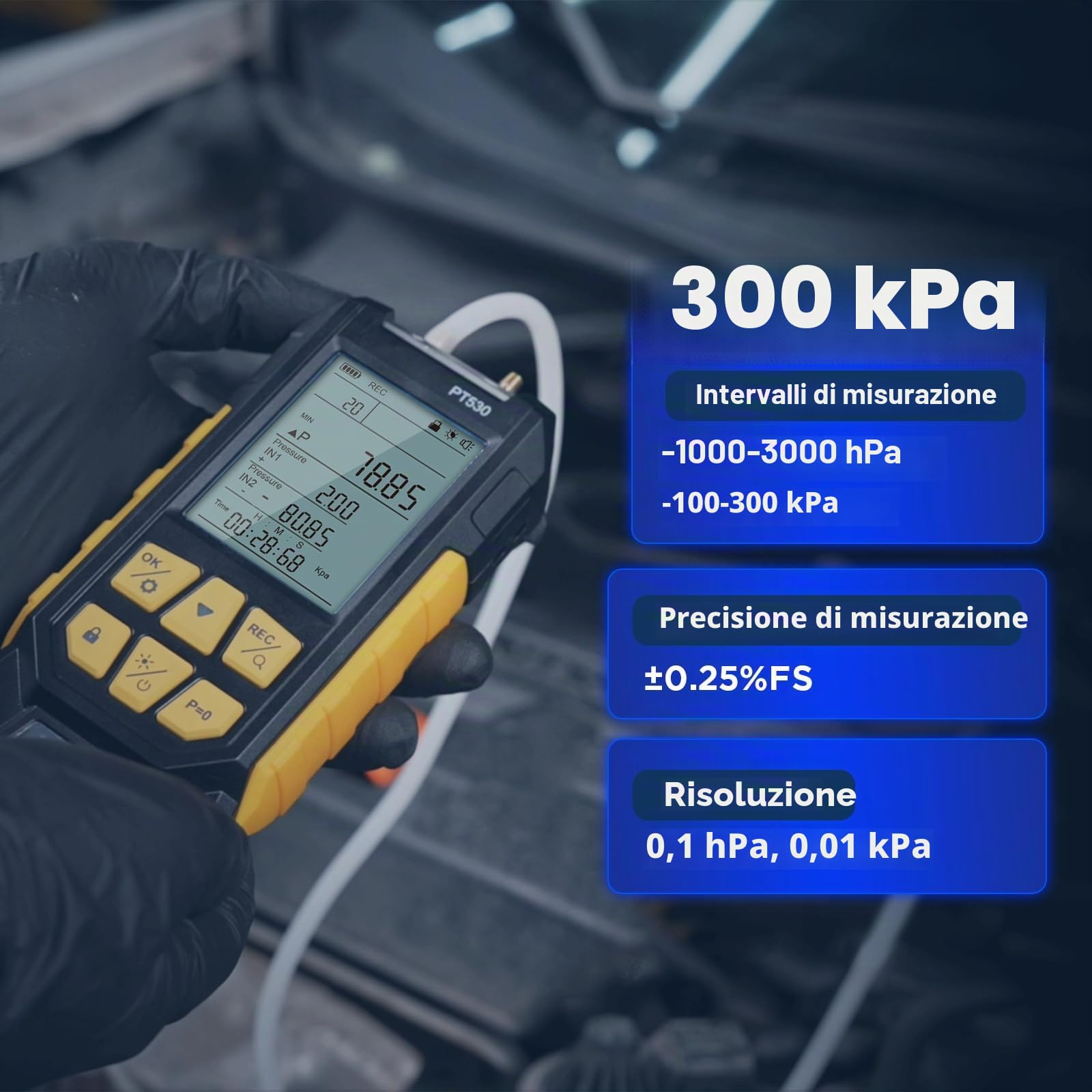 Manometro Digitale, PT530 Tester di Pressione del Gas a Doppia Porta, Manometro a Gas pressure Tester Differenziale HVAC/R Air Pressure Meter con Torcia Elettrica, -100~300Kpa, Data Record, Toolbox