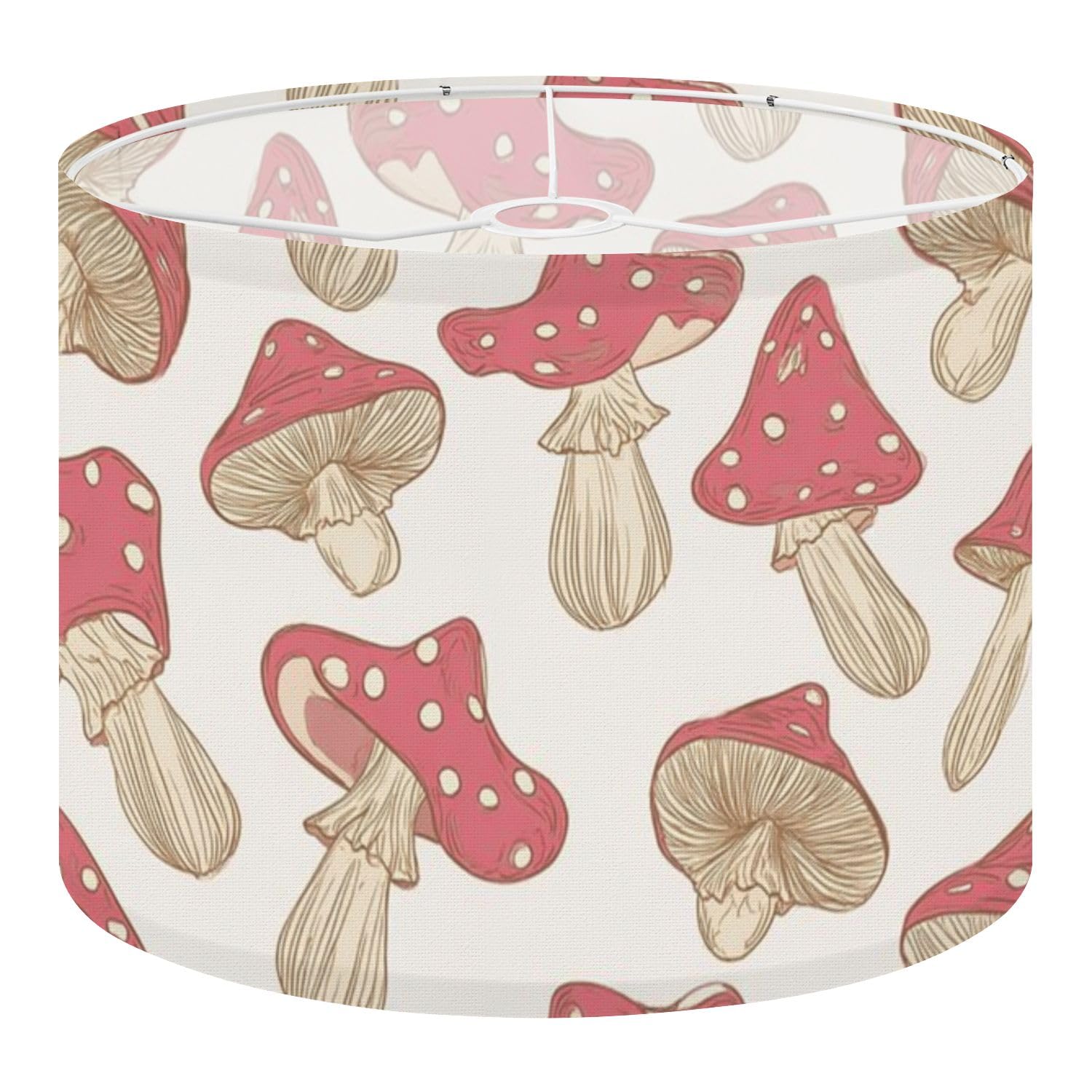 Fabric Drum Lamp Shade Hand Drawn Red White Polka Dot Mushrooms Vintage Funky Medium Linen Decorative Lampshades 13inch Set of 1 for Table Lamps, Floor Lamps,Ceiling Lamp