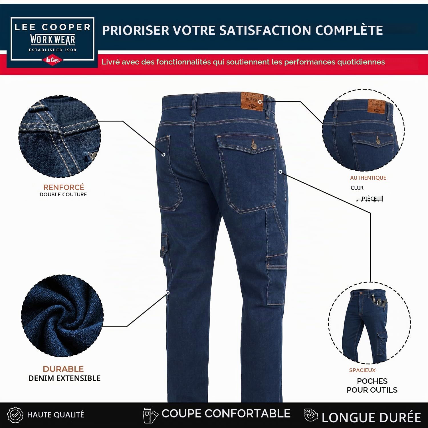 Lee Cooper Jean Cargo Homme Regular Fit – Pantalon Denim Stretch Multi Poches, Jean Travail Carpenter Résistant Workwear pour Chantier Loisirs