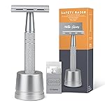 Double Edge Safety Razor with Stand, Single Blade Razors for Men and Women, Reusable Metal De Razor, Men\'s Safety Shaving Razors with 10 Double Edge Blades, Smooth and Close Shave, Matte Silver