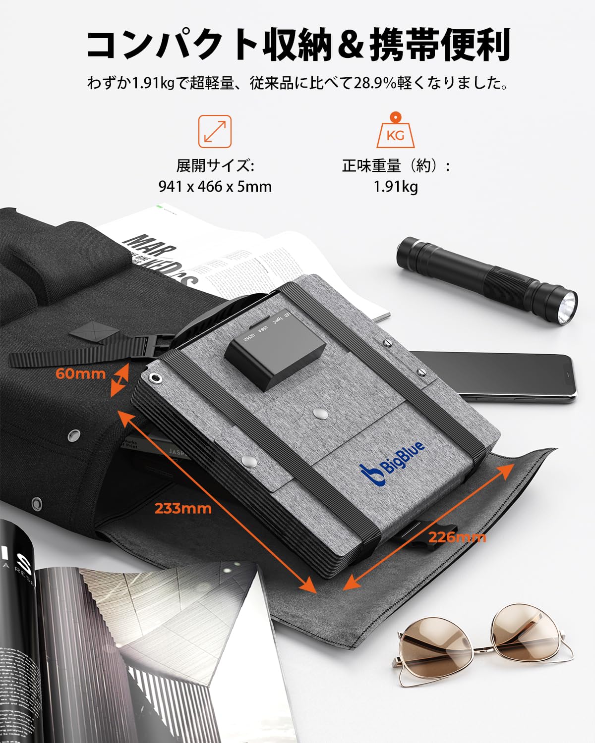 Amazon | BigBlue ソーラーパネル 折りたたみ式 60W PD45W/QC3.0/USB