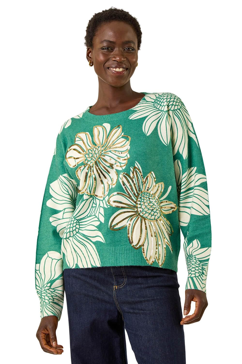 Roman Originals Women's Green Sparkly Embellished Jumper Diamante Sequin Hotfix Winter Sweater Nye New Year's Eve Christmas Party Going Out Shiny Smart Work Pullover - Size 16