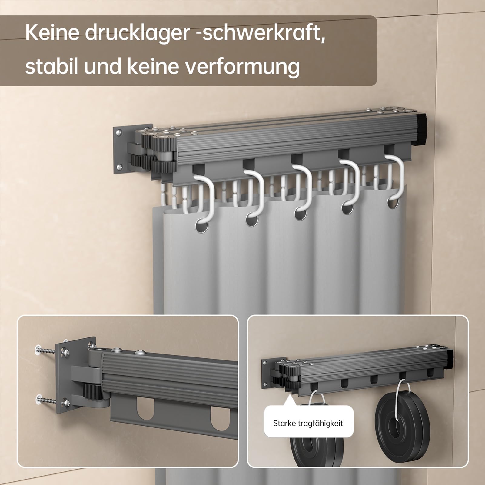 Rideau de douche pliable avec tringle à rideau de douche, colle de montage sans clou/perçage avec une perceuse, fonction réglable en angle L/U, rideau de douche imperméable, 4 plis gris