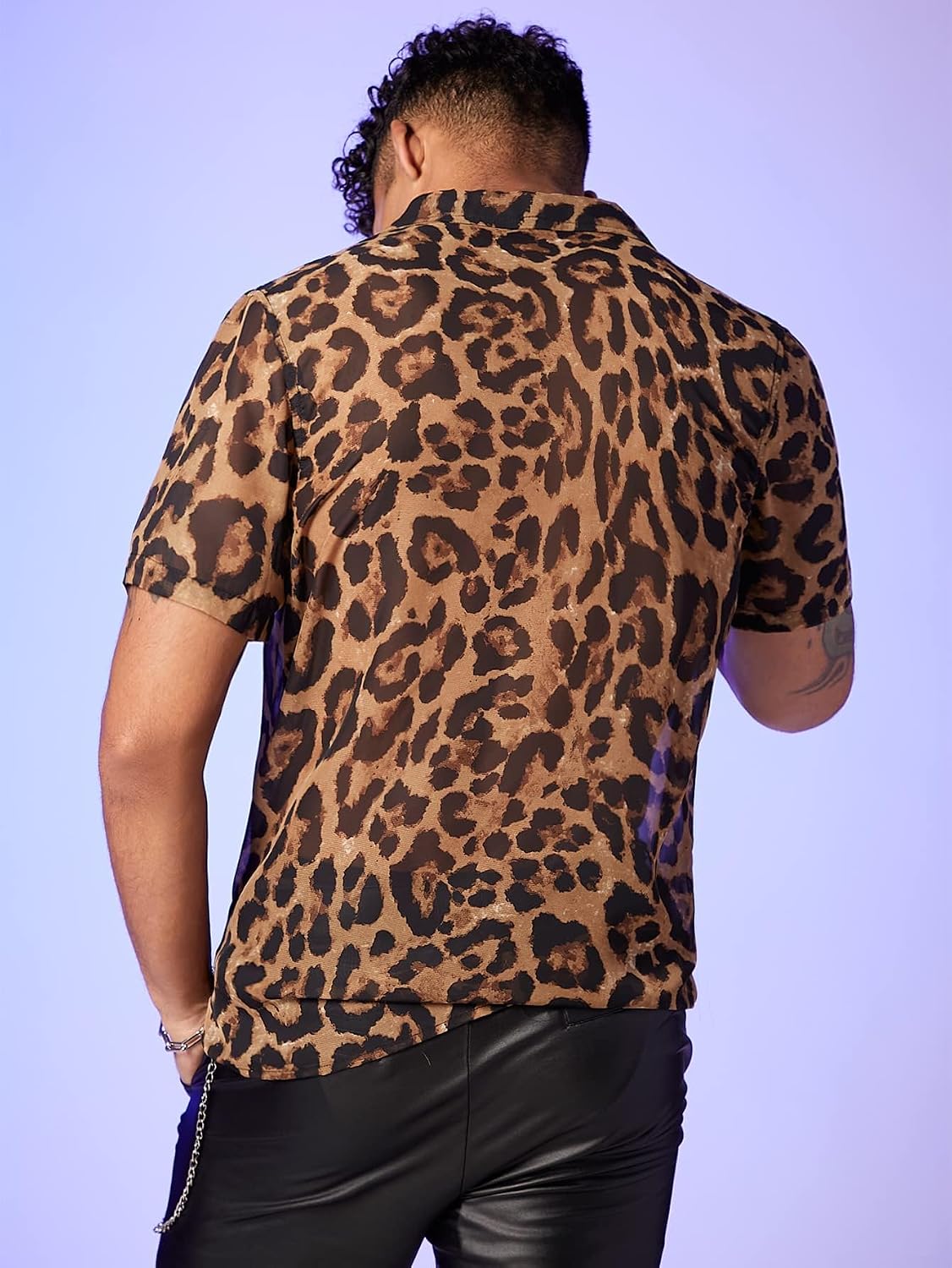 OYOANGLE Men's Cheetah Print Top Leopard Sheer Mesh Short Sleeve Button Down Shirt Blouse