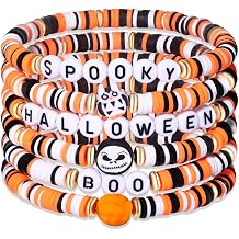 boderier Halloween Heishi Bracelet Set Stack Spooky BOO Vinyl Disc Bead Surfer Stretch Bracelet Halloween Costumes Bracelet Jewelry Halloween 6pcs
