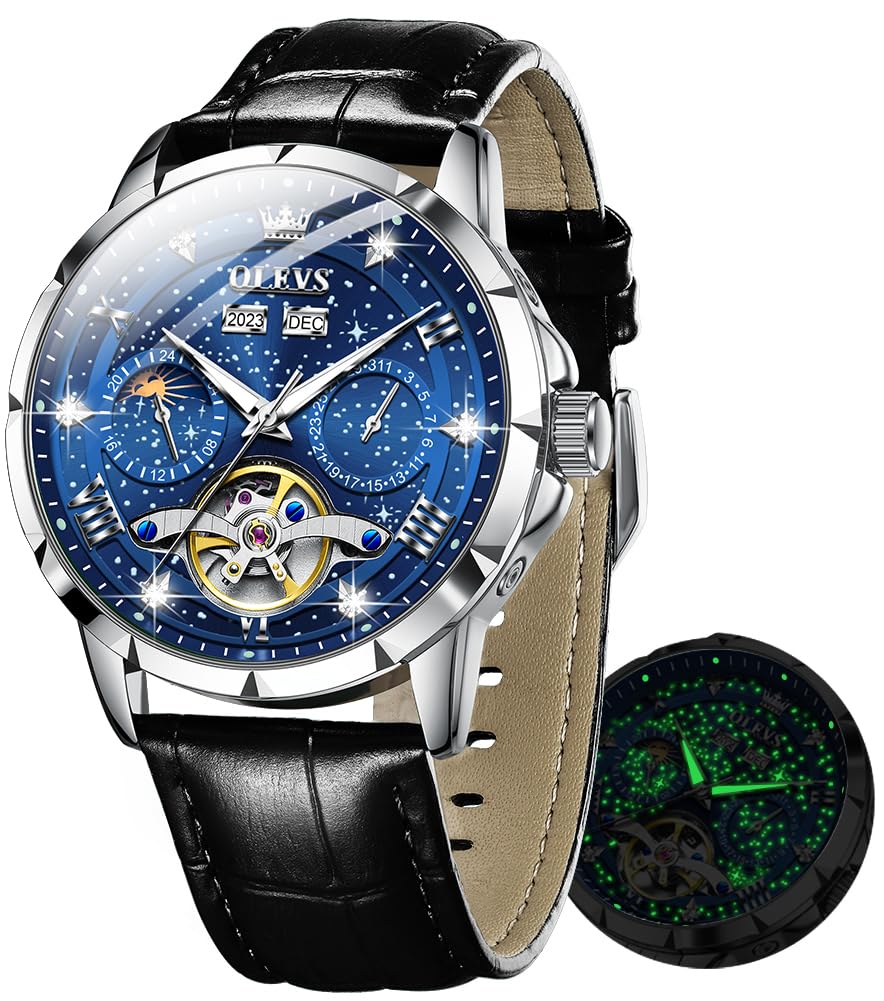 OLEVS Mens Automatic Leather Watches Self-Winding Starry Sky Diamond Skeleton Luxury Wrist Watch Waterproof Luminous, XBC-OS-G6690PH-BL