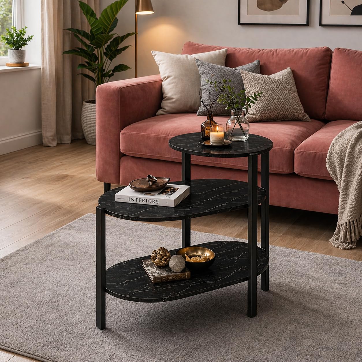 Emirates Living Marble Effect 3 Tier Side Table with Black Metal Frame – Modern Slim Bedside Table for Living Room, Sofa End Table with Storage Shelves – Compact Small Space Furniture