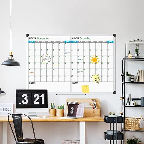 Miniatura 2 de XBoard Calendario magnético pizarra blanca de 48 x 36 pulgadas, calendario de 2 meses, pizarra blanca + tablero de calendario colorido, tablero de