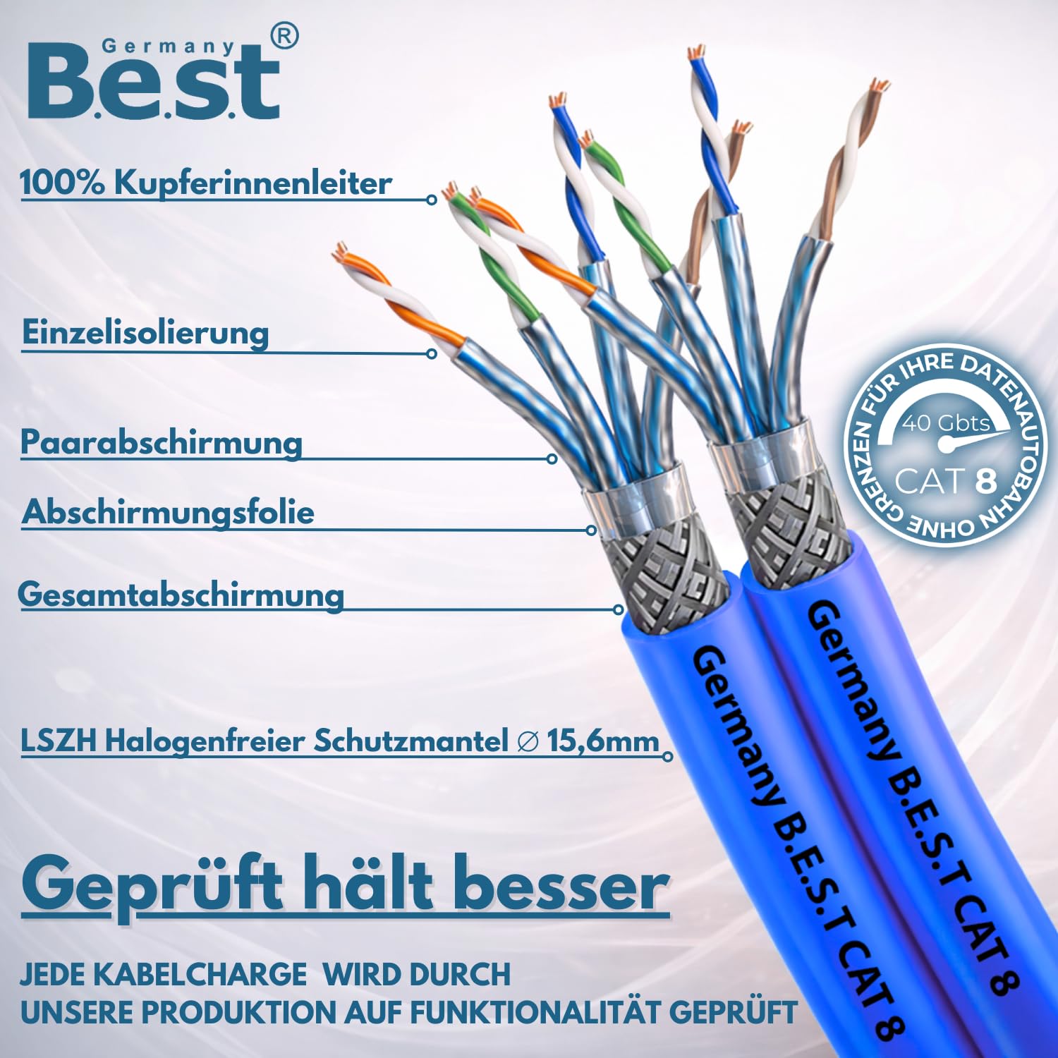 Germany B.e.s.t Cavo di rete duplex CAT 8, 50 m, in rame, LAN, S/FTP, 40 Gbps, cat, 8, in puro rame, cavo dati PoE++ LSZH