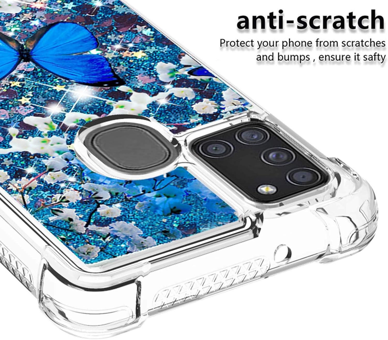 CAIYUNL for Galaxy A21S Case with Tempered Glass Screen Protector,Glitter Bling Floating Liquid Sparkle Quicksand Women Girls Clear TPU Cute Phone Case Protective for Samsung Galaxy A21S -Butterfly
