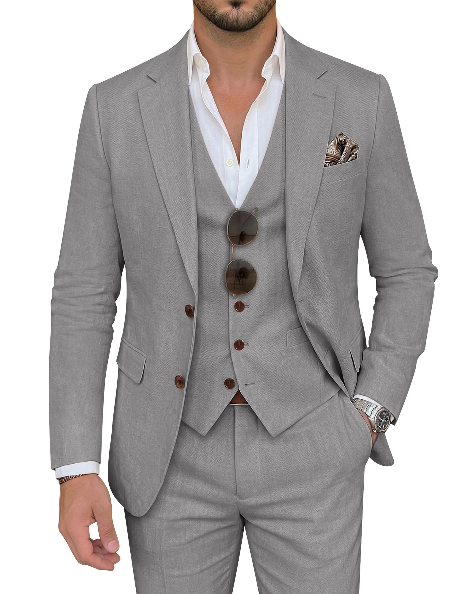 Photo 1 of Men’s Linen Suits for Wedding 3 Piece Suit Jacket Vest Pants Light Grey XS