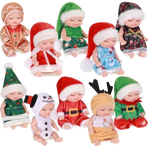 Hanaive 10 Pcs 4 Inch Mini Baby Dolls Lifelike Realistic Tiny Baby Dolls with Animal Clothes Cute Infant Figurine Gifts Set for Toddlers Girls Kids 3+ Graduation Birthday Christmas(Santa Style)